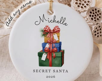 Secret Santa Ornament 2026, Custom Illustration Keepsake, Personalized with Name, Work Friend Present