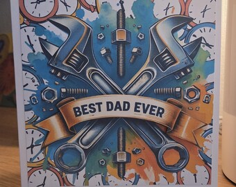 手作りの父の日カード：工具、レンチ、ナット、ボルトのデザイン