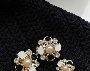 Royal Enamel Buttons| Black & White with Crystals Pearls – Decorative Sewing Supplies 1.8 cm / 2.4 cm