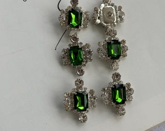 Emerald Green Crystal Buttons: Silver Rhinestone Setting (2.5x3cm)