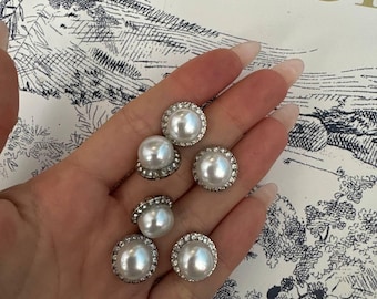Silver Pearl Rhinestone Buttons - Set of 6 (1.7 cm)