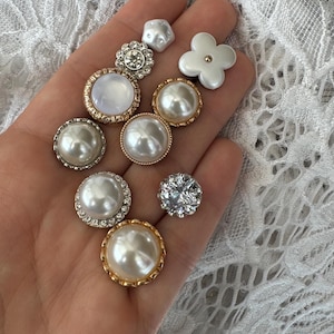 Set of 10 Luxury Pearl buttons, Elegant Tiny Shirt Buttons, Round Fancy Shank Dress Buttons, Gold Pearls buttons, Silver Blouse Buttons