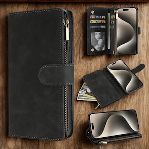 Magnetic Polyurethane Leather Wallet Case w/ Zipper, Kickstand & Card Slots for iPhone 16 Pro Max 15 14 13 12 11 SE X XS XR 8 7 6s