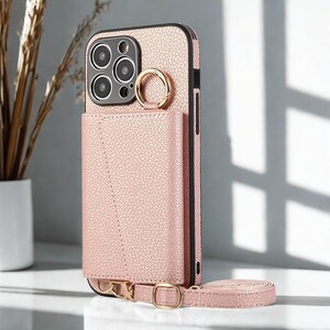 Funda tipo cartera con espejo, tarjetero y soporte para anillos, con cordón para iPhone 16, 15, 14, 13 y 12 Pro Max.