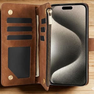 マグネット式PUレザーiPhoneウォレットケース ジッパーポケット キックスタンド カードホルダー