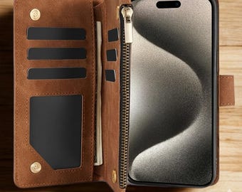 Magnetic PU Leather iPhone Wallet Case Zipper Pocket Kickstand Card Holder