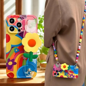 Jolie coque de portable marguerite avec cordon pour iPhone 14 13 12 11 15 16 Pro Max - Etui de protection en silicone floral amusant