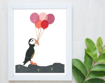 Puffin Print-Puffin-Balloon Print-Puffin Art-Kids Room-Nursery Decor-Bird Print-Nursery Wall Art-Puffin Wall Art-Bird Art-Birthday Art