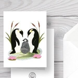 Tarjeta de pingüinos, pingüinos emperadores, cría de pingüino, tarjeta de pájaro, tarjeta de Frozen, tarjeta de invierno, día del padre, día de la madre, bebé recién nacido, tarjeta de bebé, estanque, nenúfar, arte de pájaros