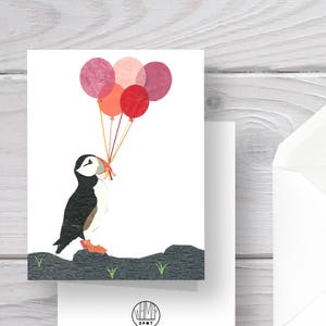 Puffin Card-Puffin-Bird Card-Bird-Bird Art-Bird Print-Puffin Art-Puffin Print-Birthday Puffin-Birthday Card-Birthday Balloons-Balloon Card