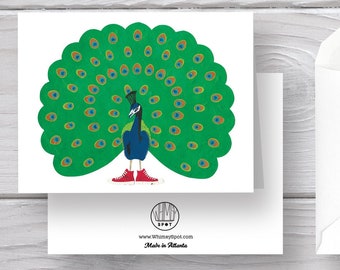 Peacock Card-Peacock Feathers-Bird Card-Peacock Greeting-Bird Greeting-Bird Art-Bird Print-Peacock Art-Sneakers