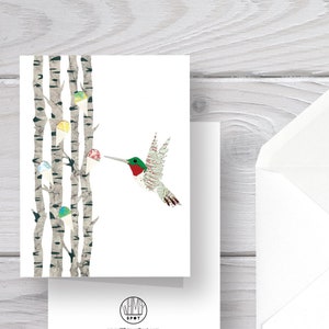 Kolibrie kaart-kolibrie-tuin kaart-tuinieren kaart-sneeuwkegels-winter kaart-vogel kaart-kolibrie briefpapier-kolibrie wenskaart