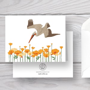 Pelican Card-Santa Cruz-California-UCSC-Brown Pelican-Poppies-California Poppies-California Cards-Ocean-Coast-West Coast-Golden State