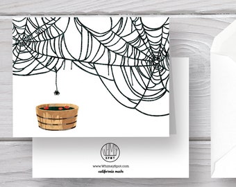 Spider Card-Halloween-Funny Halloween-Spider Web-Autumn Card-Fall Card-Bobbing for Apples-Autumn-Halloween Stationery-Spider Grreeting Card