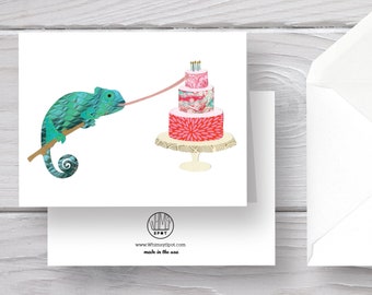 Chameleon Card-Chameleon-Chameleon Art-Chameleon Print-Jungle Card-Jungle Print-Jungle Art-Birthday Cake-Cake Card-Birthday Card