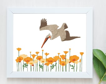 Pelican Print-Pelican-Pelican Art-Nursery Decor-Nursery Wall Art-California Poppies-Pelican Wall Art-Kids Room-Ocean Decor-Ocean Bird
