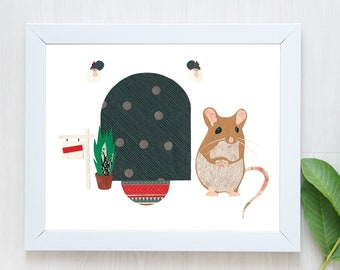 PRE-ORDER-Mouse Print-Mouse-Mouse Art-New Home-Mouse Hole-Nursery Wall Art-New Home Print-Sold Sign-House Plants-Animal Art