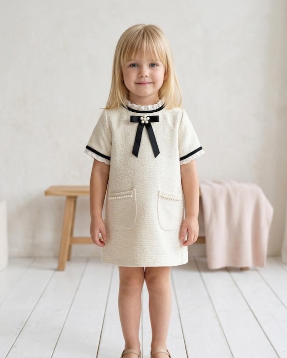 tweed dress cream Cream Summer Tweed Dress with Elbow Length Sleeves