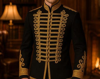 Luxury Men’s Black & Gold Embroidered Military Jacket Royal Formal Evening Coat Statement Designer Menswear