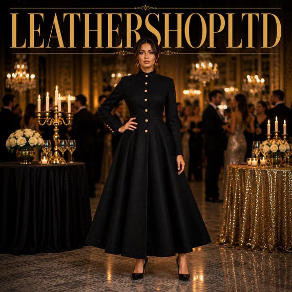 black dress gold buttons long sleeve Women's Wool Coat Dress, Elegant Fit and Flare Frock, Button Formal Winter in-stock