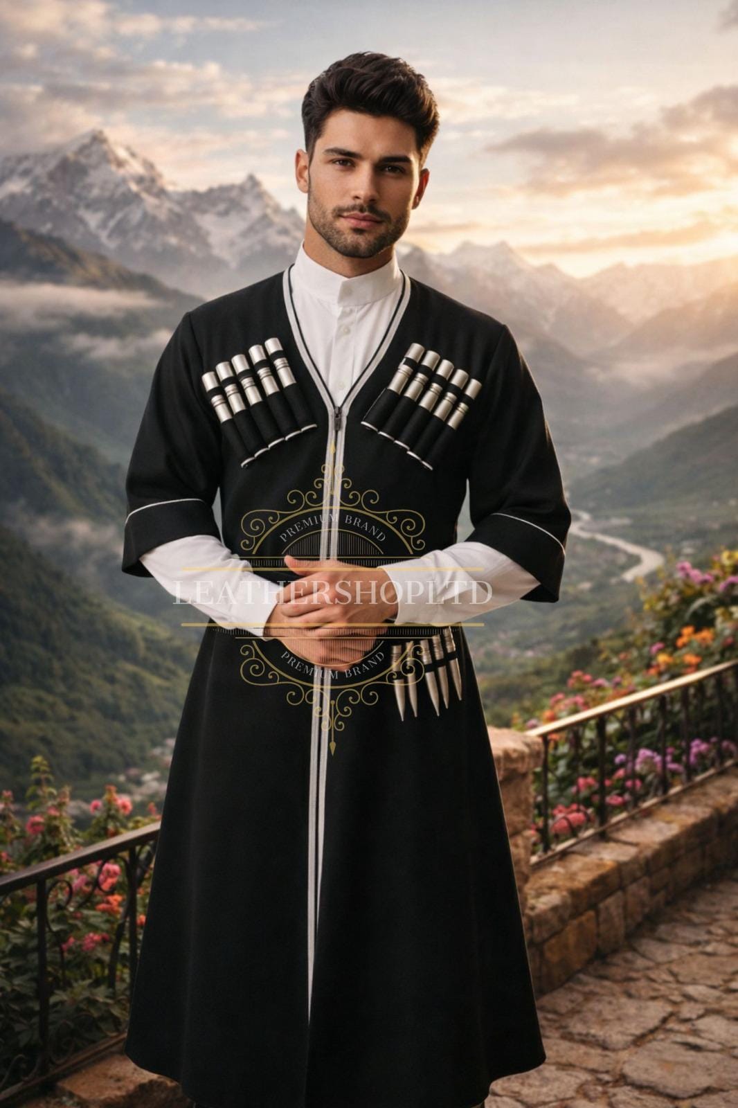 Men's Black Chokha Tunic – Traditional Georgian Cossack Coat With