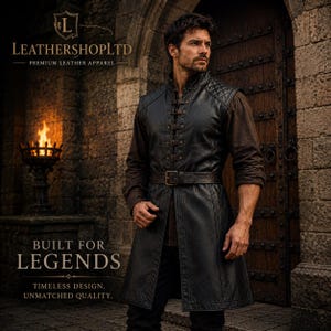 Puede incluir: Un chaleco de cuero negro con cuello alto, paneles acolchados en los hombros y cierre frontal con múltiples hebillas. La prenda incluye un cinturón de cuero a juego en la cintura. El texto dice LEATHERSHOPLTD PREMIUM LEATHER APPAREL y BUILT FOR LEGENDS TIMELESS DESIGN. UNMATCHED QUALITY.