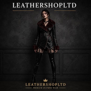 Schwarzer Gothic-Ledermantel für Damen | Burgunderfarbene Kunstpelzjacke mit Gürtel | Handgefertigter alternativer Wintermantel | Luxuriöse Lederoberbekleidung