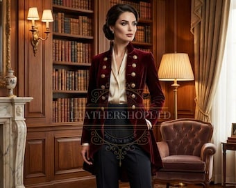 Women’s Victorian-Style Steampunk Velvet Tailcoat Jacket | Gothic Red Military-Inspired Frock Coat for Cosplay