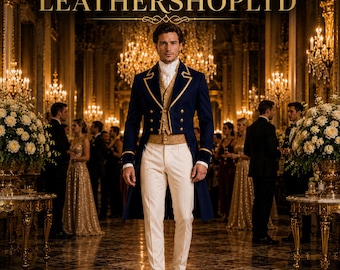 Men's Royal Blue Tailcoat Suit – 3 Piece Gold Brocade Victorian Wedding Outfit