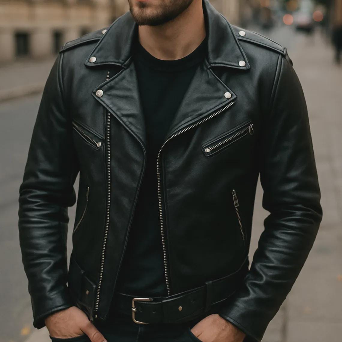 Men's Black Asymmetrical Zipper Real Leather Biker Motorcycle