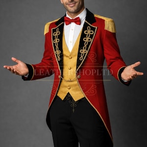 Men's Red Wool Ringmaster Jacket, Vintage Victorian Regency Tailcoat, Halloween & Cosplay Costume Outfit