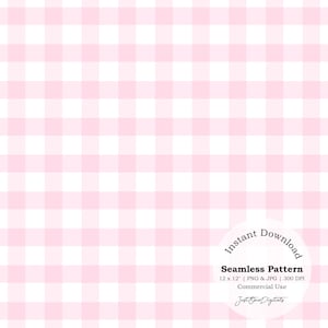 May include: A seamless gingham pattern in pale pink and white. The design consists of a grid of evenly sized squares. The image includes the text "Instant Download" and "Seamless Pattern". The pattern is 30.48 cm x 30.48 cm.