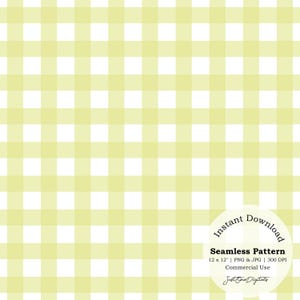 May include: A seamless pattern featuring a light yellow and white gingham design. The pattern is composed of evenly spaced squares, creating a classic checkered effect. The image includes the text "Instant Download" and "Seamless Pattern".