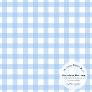 May include: A seamless pattern featuring a light blue and white gingham design. The pattern is a repeating grid of squares, creating a classic and versatile aesthetic. The image includes the text "Instant Download" and "Seamless Pattern".