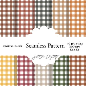 May include: A digital paper set featuring ten seamless patterns in a gingham design. The patterns are in various colors, including red, brown, gray, and orange. The image includes the text "DIGITAL PAPER" and "Seamless Pattern". The files are 12 x 12 inches.