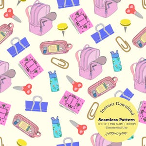 Puede incluir: Patrón sin costuras con útiles escolares como mochilas rosas, cuadernos, estuches, tijeras, botellas de agua y clips. El diseño incluye el texto "notebook" y "Instant Download Seamless Pattern" sobre un fondo amarillo claro.
