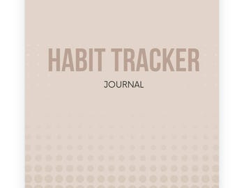 Op de afbeelding: Een beige notitieboek met de tekst "HABIT TRACKER JOURNAL" gedrukt op de voorkant. De omslag heeft een subtiel patroon van kleine cirkels.