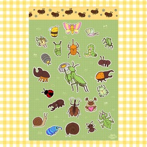 May include: A sticker sheet featuring a variety of illustrated insects and small creatures on a light green background with a white dot pattern. The sheet includes a praying mantis holding a daisy, a butterfly, beetles, snails, and a bee.