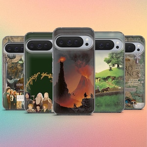 May include: A selection of phone cases with artwork inspired by a fantasy novel. The cases show scenes of a tower, a volcano, and a green landscape with a house. The cases have a clear border and a dark camera area.