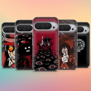 May include: A collection of five phone cases featuring anime-style illustrations. The cases display various characters in red, black, and white color schemes. Each case has a unique design, including characters with multiple eyes and a vampire-like figure.