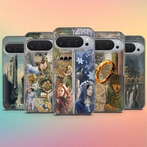 May include: A collection of phone cases featuring imagery from The Lord of the Rings. Each case displays different characters and scenes, including maps, portraits, and the iconic ring. The cases have a clear, glossy finish.