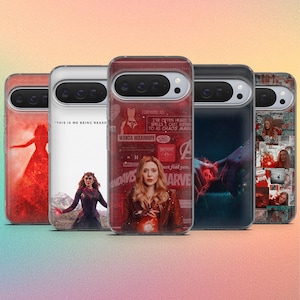 May include: Five smartphone cases featuring various designs of the character Scarlet Witch. The designs include a red silhouette, a white case with text and a character portrait, a red collage, a dark scene with glowing hands, and a multi-image collage.