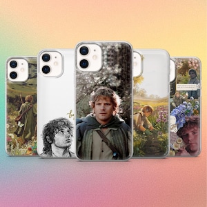 Op de afbeelding: Een verzameling van vijf iPhone-hoesjes met afbeeldingen van personages en scènes uit The Lord of the Rings. De hoesjes tonen verschillende illustraties, waaronder portretten en landschappen, met een helder beschermend ontwerp.