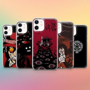 Puede incluir: Una colección de cinco fundas para teléfono con varias ilustraciones de estilo anime. Las fundas presentan diseños en rojo, negro y blanco, mostrando personajes y símbolos. Las fundas son de plástico transparente.
