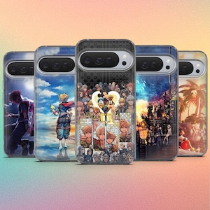 May include: Five phone cases with colorful designs featuring characters from a video game. The cases have a clear, protective design. The artwork includes characters in action poses, against a background of a sunset and other scenes.