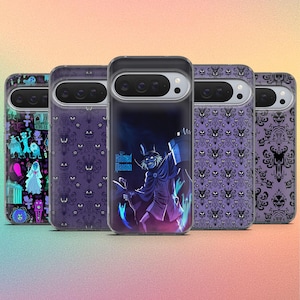 May include: A collection of phone cases featuring designs inspired by the Haunted Mansion. The cases display various patterns and graphics, including a ghostly figure, a repeating wallpaper pattern, and the Haunted Mansion logo. The cases are in shades of purple, blue, and green.