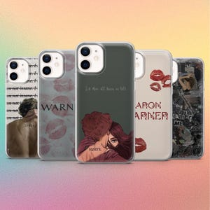 May include: Five phone cases with different designs are displayed. One case shows a couple embracing with the word "IGNITE". Another has the word "WARN". Other cases feature text and lip prints.