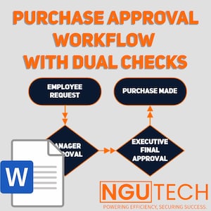Peut inclure: Un diagramme de flux de travail avec des formes noires et orange illustrant un processus d'approbation d'achat avec des vérifications doubles. Les étapes comprennent la demande d'un employé, l'approbation du responsable, l'approbation finale du directeur et l'achat effectué. Le texte "NGUTECH" se trouve en bas du diagramme avec le slogan "POWERING EFFICIENCY, SECURING SUCCESS."