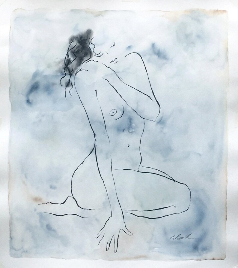 Watercolor Nude Large Nude Line Drawing Blue Painting image 1