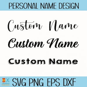 May include: Four different styles of the text "Custom Name" in black. The text is in a cursive font, a bold font, and two different styles of a shadowed font. The text is on a white background.